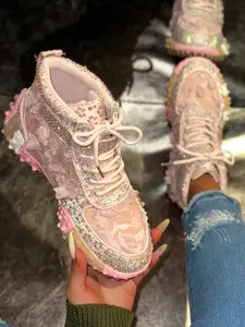 Women's Lace High-Top Thick Sole Sneakers, Luxury Rhinestone Dad Shoes, Trendy Casual Sportswear, Shiny Fashion Footwear