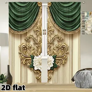 2D Flat 2Pcs Luxury European Style Curtains with Gold Baroque Floral Pattern Green Swag Valance Rod Pocket Design Premium Polyester Drapes Suitable for Living Room Bedroom Hotel Villa Window Decoration Anti Privacy