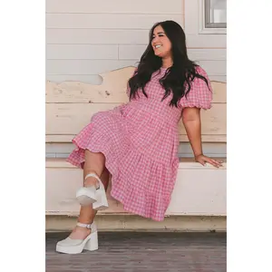 Hannah Jean Pink Gingham Dress - MCO - Round neckline - Bubble sleeve - Above Knee - Key hole back