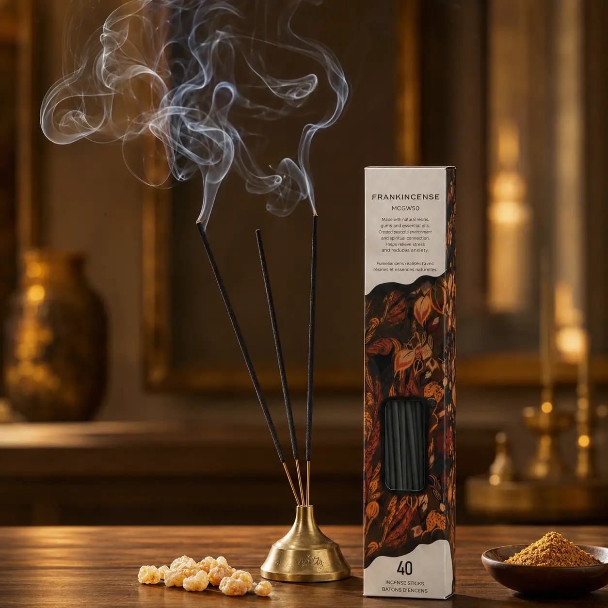 Highly Scented Frankincense Incense Sticks - 40-Count Natural Incense Pack, Home Scents Aroma Freshener for At-Home & Office Environment Enhancement