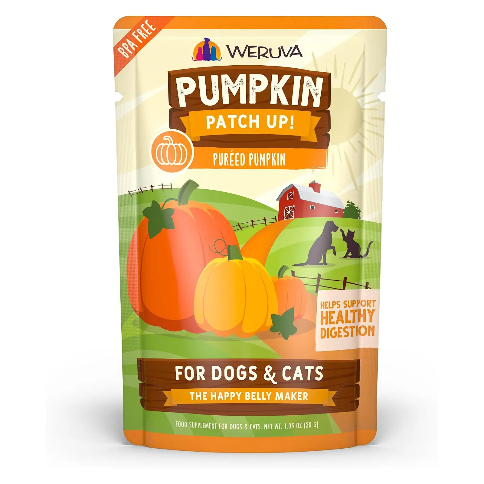 Weruva Pumpkin Patch Up! Pumpkin Puree Pet Food Supplement for Dogs & Cats, 1.05oz Pouch (Pack of 12)