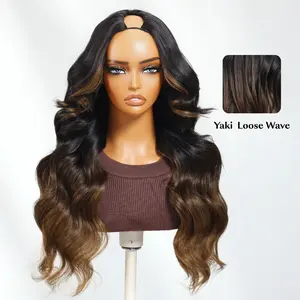 UNice New V Part Ombre Chestnut Brown Yaki Losse Wave Wig with Drawstring Glueless Machine Made Human Hair Wigs Natural Scalp Easy to Intall Beginners Friendly