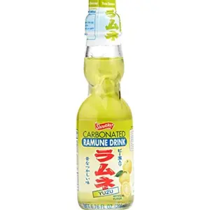 Shirakiku Ramune Japanese Marble Soda Yuzu Citrus 6 Glass Bottles 6.76 FL Ounce Bottles Refreshing Fizzy Fun Classic Flavor Natural Carbonated Beverage