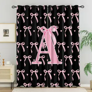 Black Pink Bow Personalized Initial Curtains 2 Panels Set,Printed Blackout Curtains,Suitable For Women and Girls' Living Room and Bedroom Home Decoration, Machine Washable Insulated Curtains for Girls' Rooms, Easy to Install
