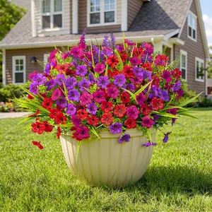 SHareconn 48/24 Bundles Artificial Flowers for Outdoors Spring Summer Decoration, UV Resistant Eucalyptus Violet and Lavender Silk Fake Plants for Outside Indoor Yard Home Patio Decor, Red Rose Purple Faux Hanging