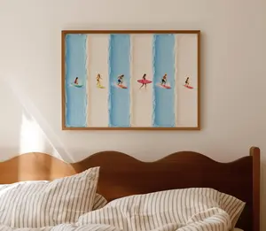 [Sale Up To 40%] [Unframed] Minimalist Tiny Surfers Art Print, Horizontal Textured Impasto Blue Wall Art, Hand drawn Summer Aerial Ocean Surf Beach Poster