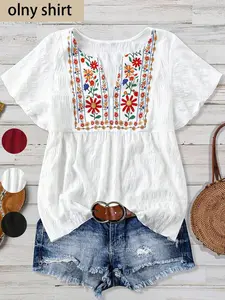 Women's Plus Size Embroidered Floral Blouse Shirts, V Neck Short Sleeve Peplum Bohemian Casual Tunic Top for Summer Daily Wear