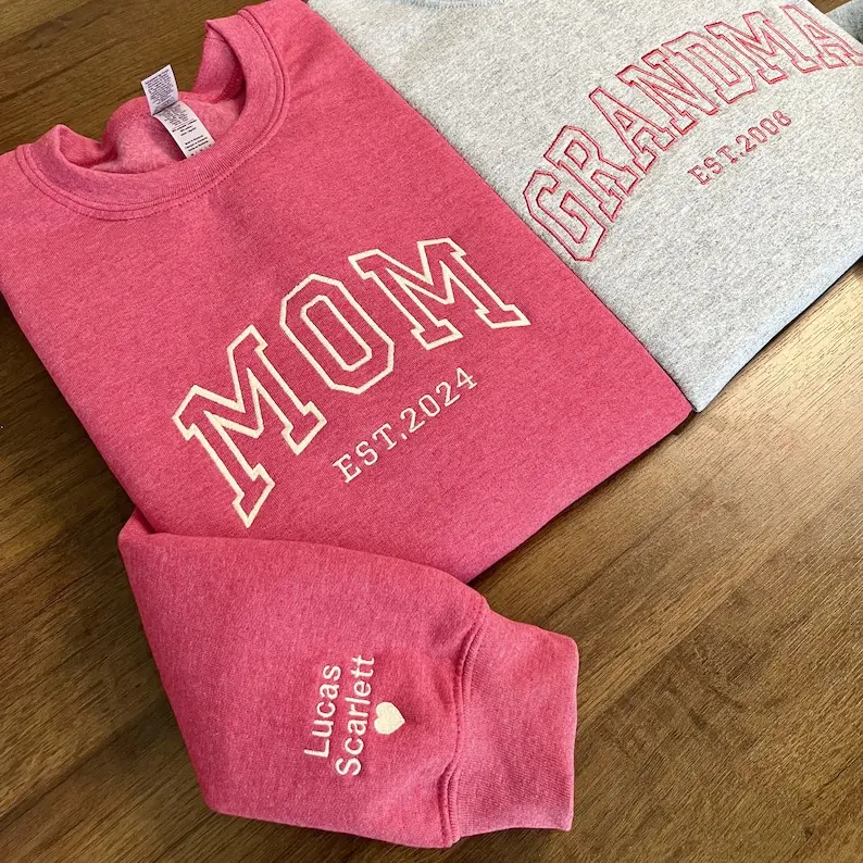 Custom Embroidered Sweatshirt, Name On Sleeve With Heart, Grandma Sweatshirt With Date, Mama Est Year Sweatshirt, Gift For New Mom, Mothers Day Gift
