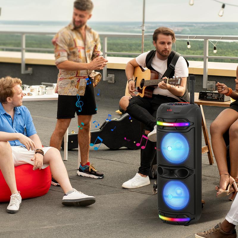 Powerful Bluetooth Party Speaker Dual 12" Woofer Portable Rechargeable Stereo Wireless Speaker With LED Lights FM Radio Wireless Microphone Karaoke Machine Audio