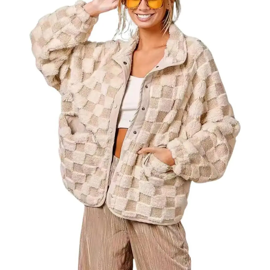 Chouyatou Women's Winter Casual Contrast Plaid Sherpa Button Jacket, Loose Fit Outerwear, Oversized Faux Fur Tops for Street Wear Chouyatou Women's Winter Casual Contrast Plaid Sherpa Button Jacket, Loose Fit Outerwear, Oversized Faux Fur Tops for Street Wear