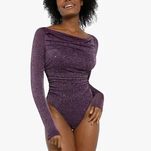 Popilush Shapewear Metallic Knit Long Sleeve Bodysuit