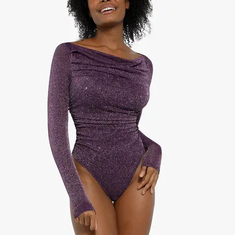 POPILUSH Women's Shiny Metallic Knit Long Sleeve Bodysuit - Elegant 1-Piece Nylon Fabric Shapewear
