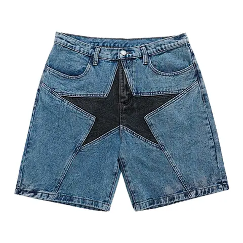 Aelfric Eden Men's High-Waist Cotton Oversized Denim Shorts - 25% Polyester Blend, Baggy Jorts Style, Vintage Style, Distressed Bold Star Patches, Patchwork, Pockets, Button, Unisex Streetwear Bottoms