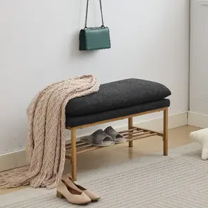 End of Bed Bench with Shelf, Linen Upholstered Storage Shoe Bench, Modern Bedroom Bench with Metal Legs for Living Room, Entryway, Dining Room, 300 LB, Linen Color(Black)   WL