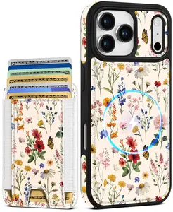 iPhone 17 Pro Case Wallet - Floral Design, Fits 5 Cards, Magsafe Compatible, Detachable Magnetic Credit Card Holder, Leather Cardholder, Cute Phone Cover for Women Girls
