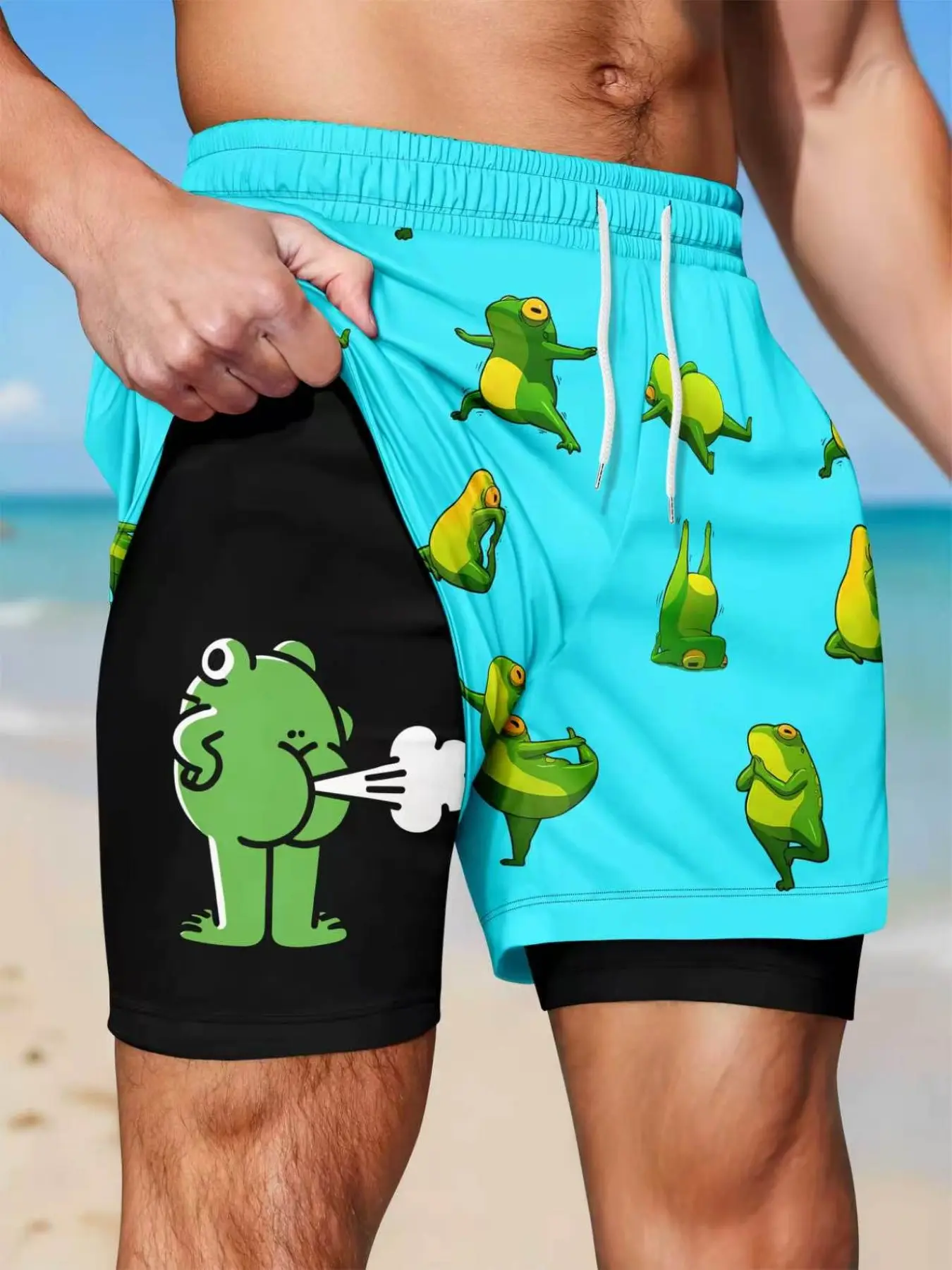 Men's Funny Yoga Shorts with Frog Print, Two-Layer Lining, Dual Layer Shorts, Beach Trunks, Base Color, Loose-Fit, Sporty Style, All Seasons