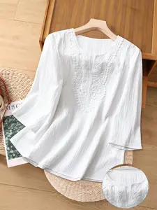 Textured Mid-Sleeve Top, Elegant Hollow Embroidery V-Neck Shirt, Loose Fit Slimming Vacation Style, Versatile Women's Blouse