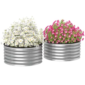 Outsunny Galvanized Raised Garden Bed Set of 2, Planters for Outdoor Plants with Safety Edging, Easy-to-assemble Stock Tanks for Growing Flowers, Herbs and Vegetables, 2' x 2' x 1', Silver