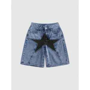 ROMWE Grunge Punk Women Star Print Denim Shorts, School Jean Fit
