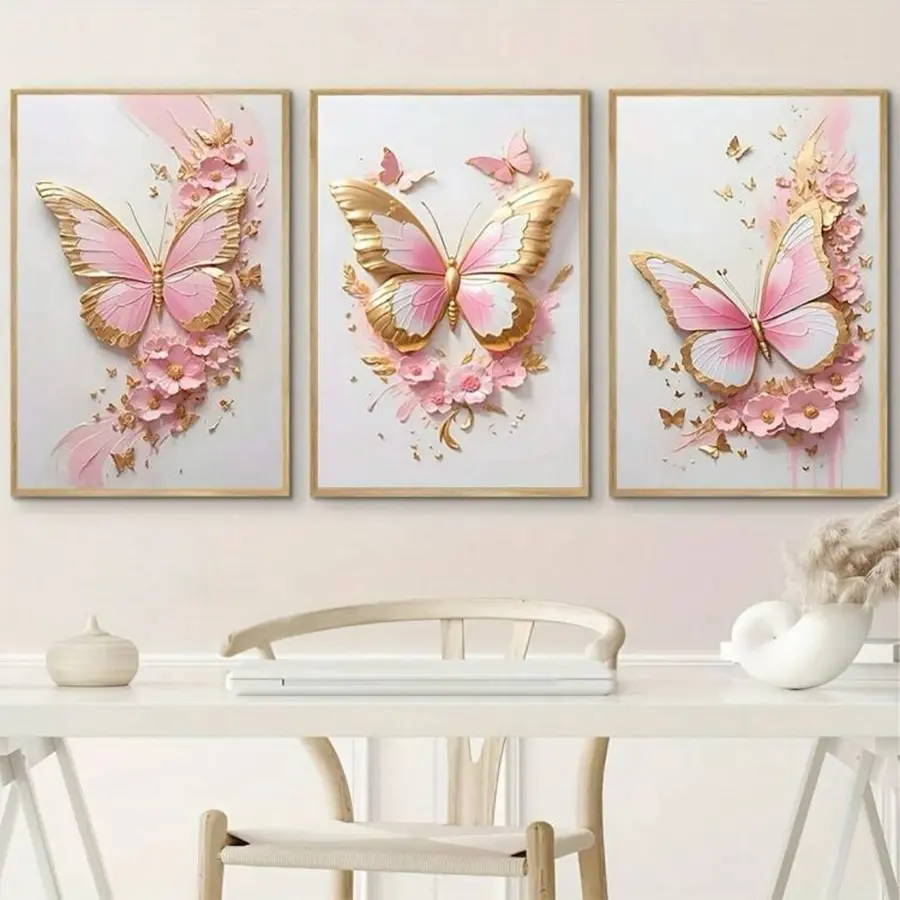 3 Piece Gold Border Butterfly Pattern Design Animal Floral Abstract Design Canvas Wall Art, Beautiful Girl Bedroom Room Living Room Poster, Nordic Room Decor, Aesthetic Wall Decor, Wall Decoration, Modern Home Decor No Frame