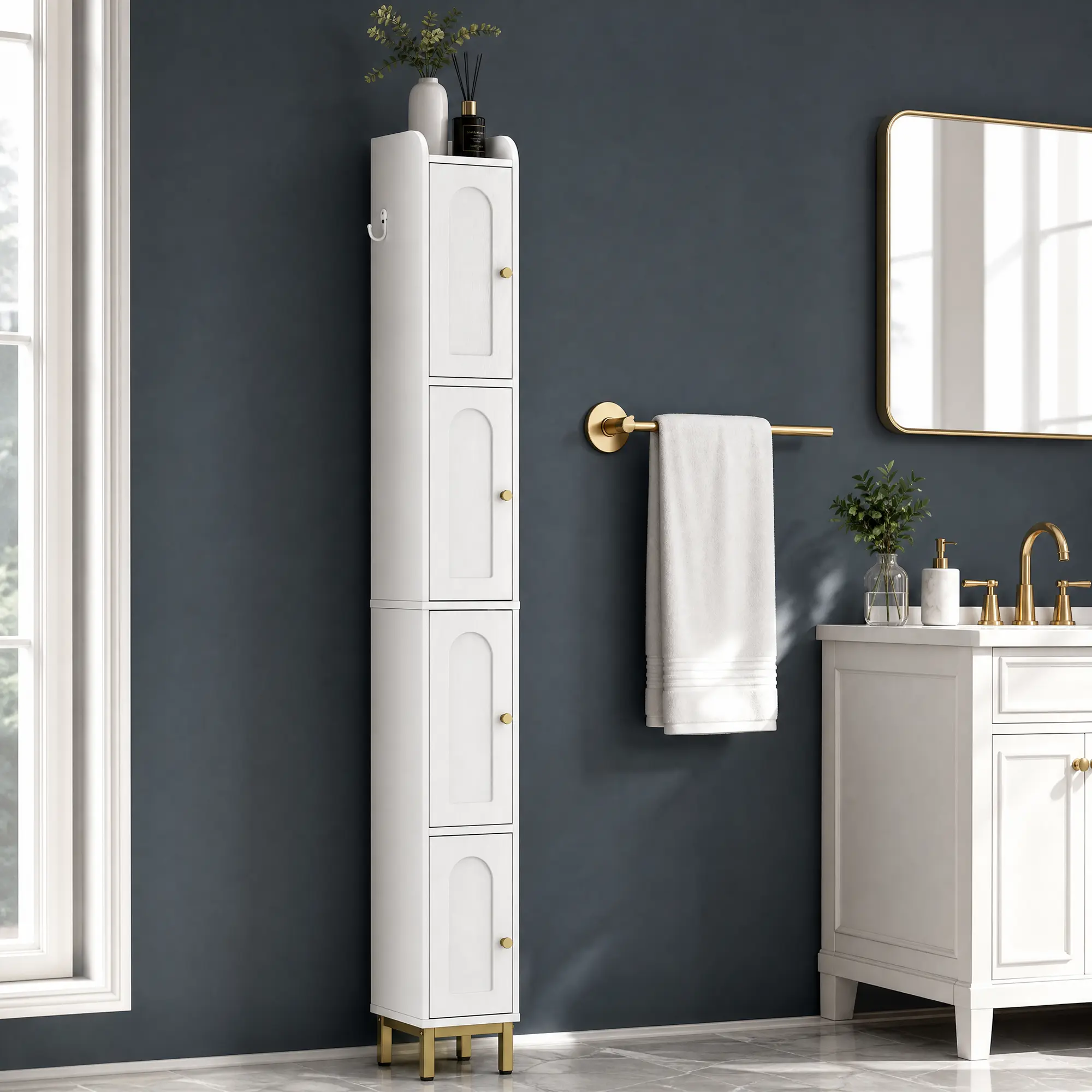 Hzuaneri 4-Tier Narrow Tall Storage Cabinet, Slim Bathroom Storage Cabinet with 4 Adjustable Feet and Shelves, Bathroom Organization for Small Space, Kitchen, Living Room, Laundry Room
