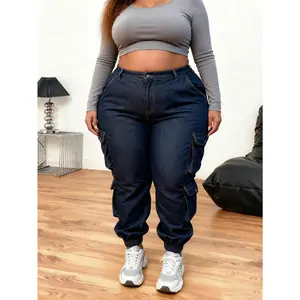 Plus-size women's high-stretch tapered cargo jeans. Slim fit, flap and slant pockets. Versatile vintage wash blue. Machine washable, year-round wear. Simple design, ideal for work or casual.