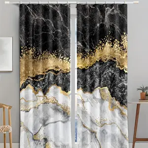 Modern Semi Transparent Black Gray Gold Marble Patterned Thin Curtains (2 Counts), Home Decoration Curtain, Suitable for Living Room Window Decoration, with Free Accessories