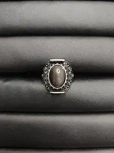 Ruby(8541)gc.Midnight Relic Ring - Gray Star Stone in Antique Silver with Ornate Engraving, Vintage Men's Ring
