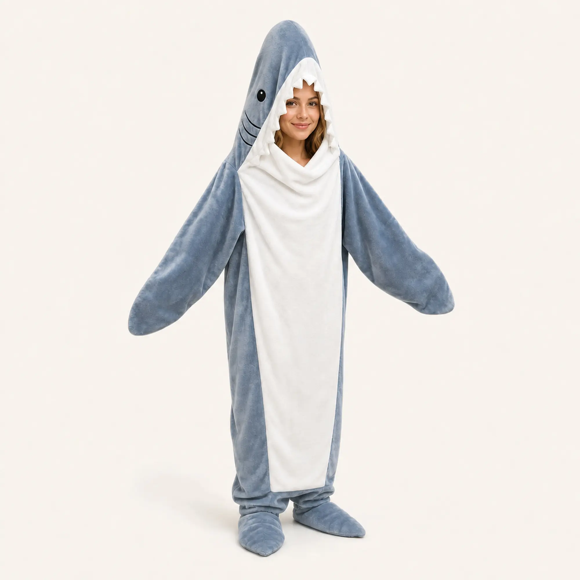 Fleece Shark Kigurumi Onesie, Comfortable Loungewear Sleepwear Blue Embroidered