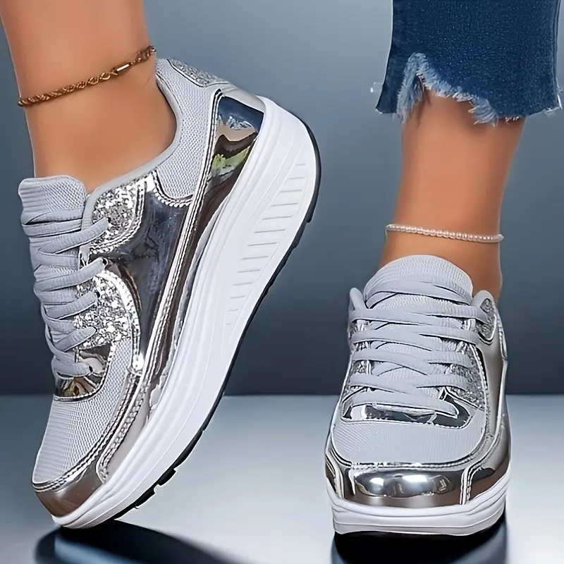 Women's Solid Color Glitter Sneakers, Lace Platform Sequin Decorated Walking Rock Shoes, Height Increasing Low Top Sneakers