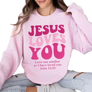 [Made in USA] Jesus Loves You Sweatshirt, Christian Faith Letter Print Crewneck Pullover, Jesus Loves You John 13:34 Graphic Sweatshirt, Cute Pink Religious Church Outfit, Faith Gift For Women Moms.
