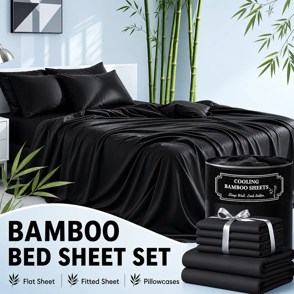 Jollyvogue Bamboo Cooling Bed Sheets - 14 Inch Deep Pocket Hotel-Grade Bedding Set for Room Decor, Ultra-Soft & Breathable Hot Sleepers, Wrinkle-Resistant Moisture-Wicking Fabric, Double-Stitched Machine Washable