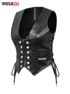 WOSAWE Women's PU Leather Motorcycle Vest Lightweight Biker Vest with 5 Pockets Adjustable Fit Urban & Street Style
