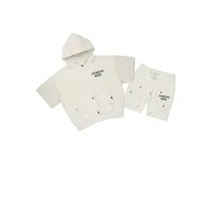 Raffer Light Oatmeal Cut Sleeve Hoodie Short Set