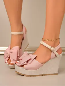 Women's Wedge Butterfly Knot High Heel Sandals, Comfortable Elegant Open Toe Platform Shoes, Casual Jute Woven Strap Buckle Footwear for All-Day Wear