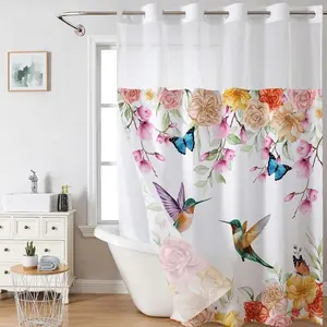 Floral Hummingbird No Hook Shower Curtain with Snap in Liner,  Butterflies Curtains for Bathroom, Fabric Inner, Watercolor  Bath Decorative, Machine Washable, 71 x 74