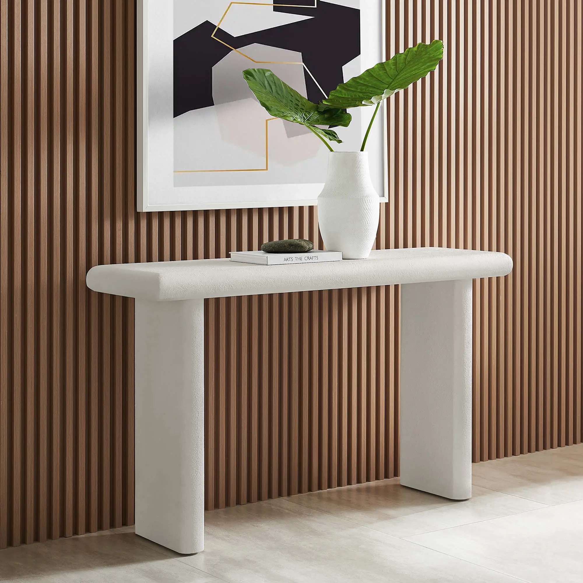 White Relic Concrete-Textured Console Table, Sleek Contemporary Design, Durable with Bullnose Edges