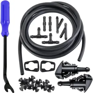 Windshield Washer Hose Kit 22 Pcs Set, 4M Washer Fluid Hose, 6 Pcs Hose Connectors, 2 Fan Nozzles, Connect Car Water Pump and Nozzles For Most Car Windshield Fluid Tubing