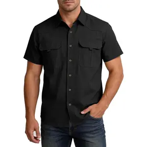 Eisctnd Men's Short Sleeve Work Shirts - Button Down Cotton Casual Outdoor Utility Heavyweight Cargo Shirt with Chest Pockets
