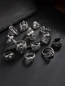 Gothic Punk Skull Bat Diamond Coffin Ring Set, 13 Piece Gothic Punk Jewelry Series, Dark Vintage Style Accessories, Dark Aesthetic Rings