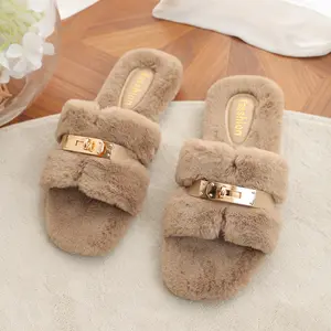 Mao Mao Women's Soft Furry Slippers 2026 Spring Autumn Round Toe Non-Slip Sole Adjustable Straps Elegant Home Wear Flipflop Girl Walking Shoes