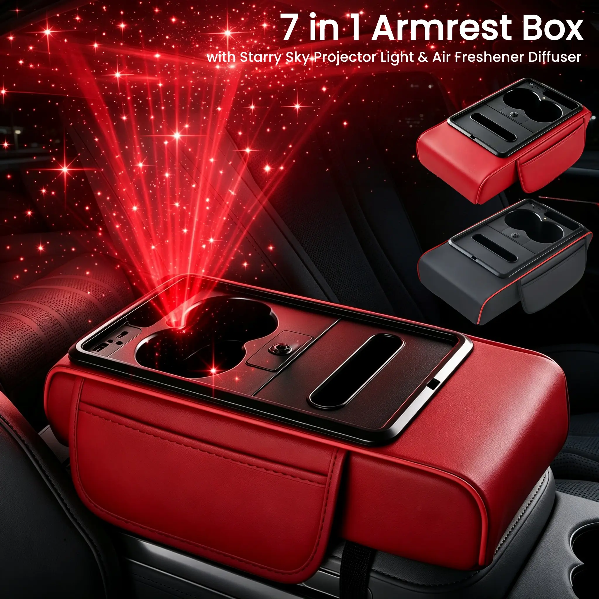 7 in 1 Car Armrest Box with Starry Sky Projector Light Air Freshener Diffuser USB-A & Type-C Charging Storage Arm Rest PU Leather Pad Console Organizer Tissue Box Universal For BMW Chevrolet Ford Honda Jeep Nissan Toyota Hyundai VW - 13*7.5*2.4 inch