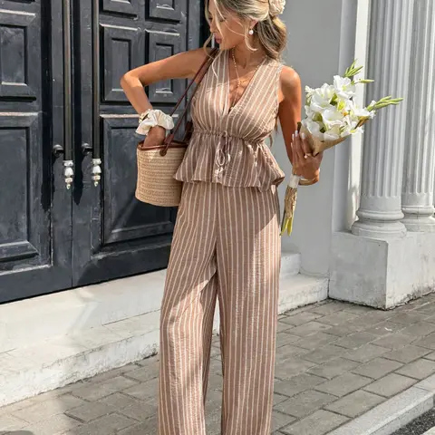 Women's 2-Piece Striped Set Suits, Summer Thin V-Neck Tie Waist Sleeveless Top + Wide Leg Pants, Slimming, Fit, Casual, Elegant and Chic Style, Light Stripe, Summer Matching Set, Two Pieces Sets