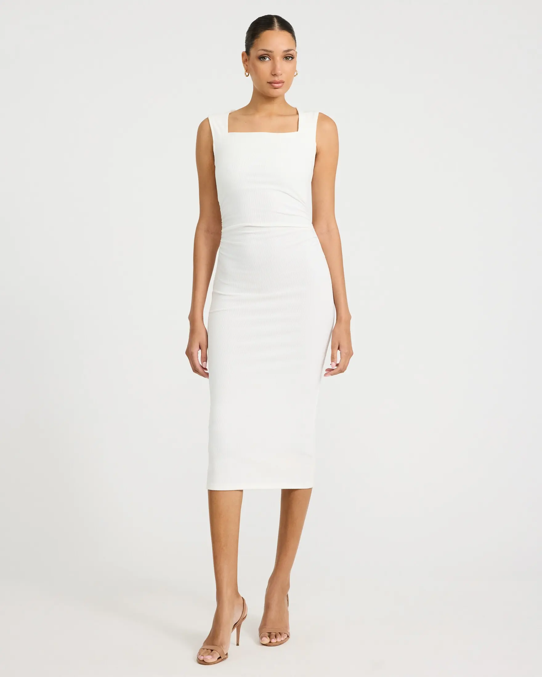 Express Ribbed Knit Square Neck Ruched Midi Sheath Dress, Spandex, Stretchy, Soft, Women, Midi Dress, Comfortable