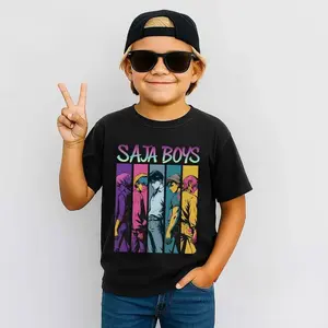 Retro Anime Boy Band Graphic T Shirt, Kpop Style Music Tee, Y2K Streetwear Cartoon Print Top, Black Short Sleeve Crewneck Shirt, Color Block Pop Concert Outfit, Cute Graphic Tee, Casual Summer Street Fashion Gift Top