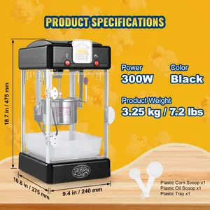 VEVOR Popcorn Maker, 300W Popcorn Popper Machine, 2.5 Oz Kettle Makes 4 QT per Batch, Tabletop Popcorn Maker with PP Door, Includes 2 Scoops and Tray, Movie Theater Style, Black