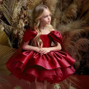 Girls' Burgundy Satin Princess Dress with Big Bow & Layered Ruffle Skirt 1Pcs red Party Dress girl 256167