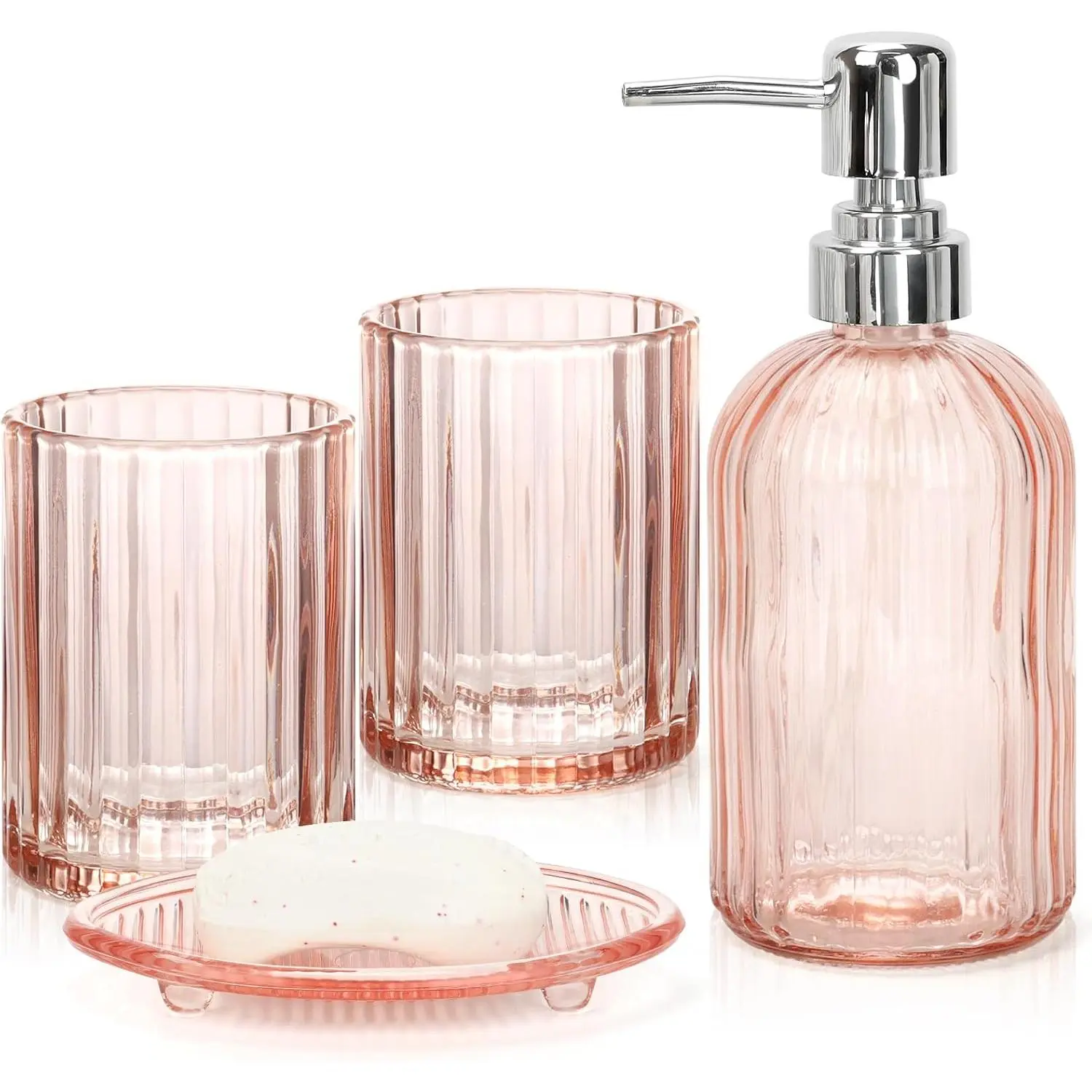 Bathroom Accessories Set, 4Pcs Clear Glass Bathroom Accessory Sets Complete Includes Soap Dispenser, Toothbrush Holder, Mouthwash Cup, Soap Dish for Bath Decor, Countertop Vanity Organize (Pink)