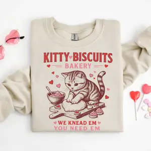 Valentines Cat Sweatshirt, Kitty Biscuits Bakery Sweater, Funny Vday Cat Lover Pullover Cute Kitten Baking Cookies Love Crewneck Girlfriend