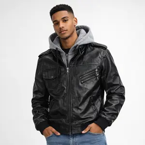 Premium Mens Hooded Faux Leather Jacket - Fashionable Biker Style with Chic Multi Pockets Durable Soft-shell for Casual Comfort Motorcycle Streetwear